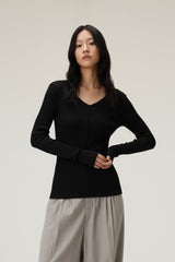 Women V-Neck Tencel-Wool Soft Stretch Relaxed-Fit Long-Sleeve T-Shirt