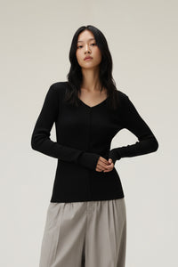 Women V-Neck Tencel-Wool Soft Stretch Relaxed-Fit Long-Sleeve T-Shirt