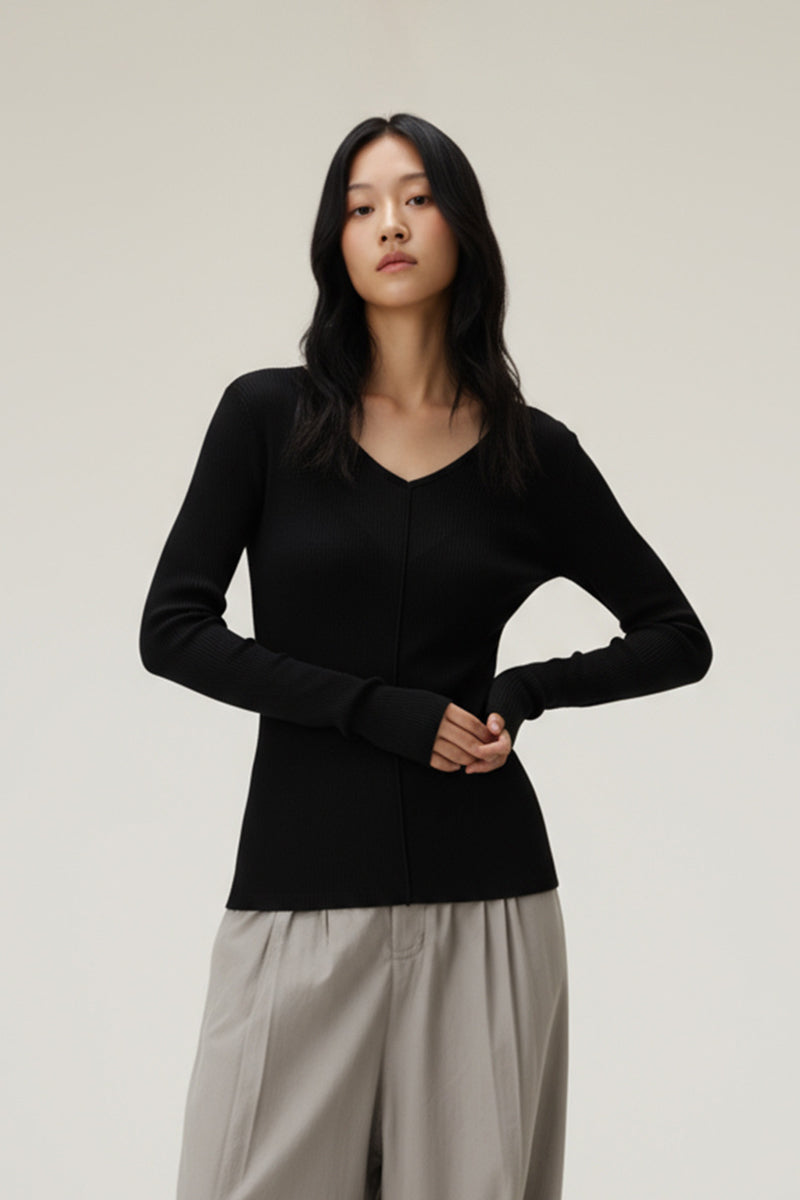 Women V-Neck Tencel-Wool Soft Stretch Relaxed-Fit Long-Sleeve T-Shirt