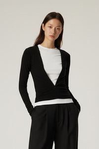 Women V-Neck Tencel-Wool Soft Stretch Relaxed-Fit Long-Sleeve Knit Top
