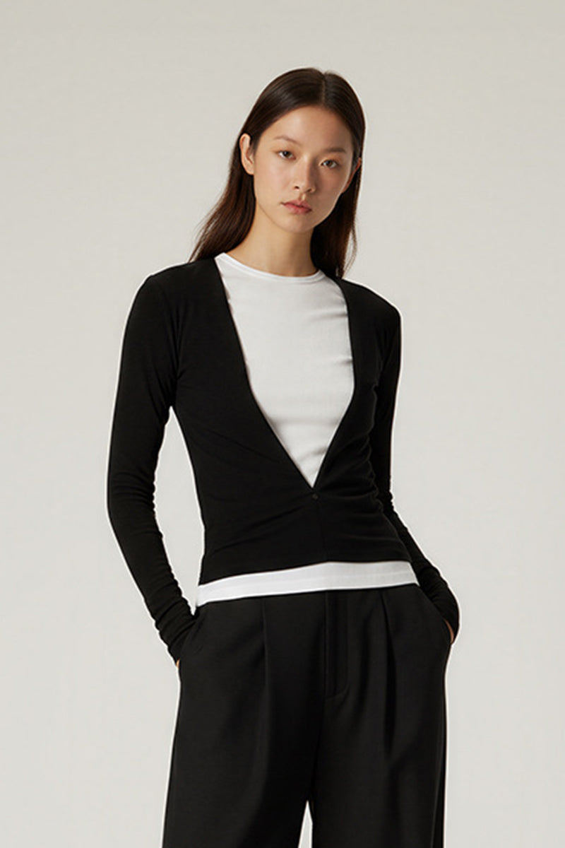 Women V-Neck Tencel-Wool Soft Stretch Relaxed-Fit Long-Sleeve Knit Top