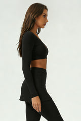 Women's Cross V-Neck Long Sleeve Side Tie Yoga Set - Solid