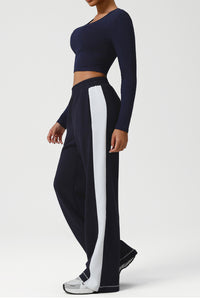 Women Color-Block Ribbed Lounge Set: Cropped Long-Sleeve Top + High-Waist Wide-Leg Pants