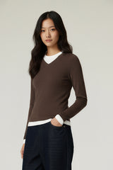 Women V-Neck Layered Slim-Fit Cashmere-Touch Long-Sleeve Knit Top