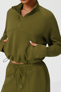 Women Thickened Half-Zip Adjustable-Hem Workout Hoodie