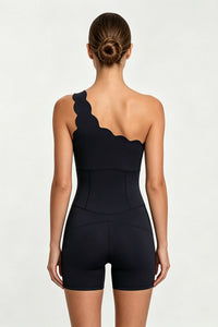 Women's One-Shoulder Scalloped Edge Short Leg Yoga Jumpsuits