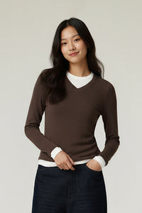 Women V-Neck Layered Slim-Fit Cashmere-Touch Long-Sleeve Knit Top