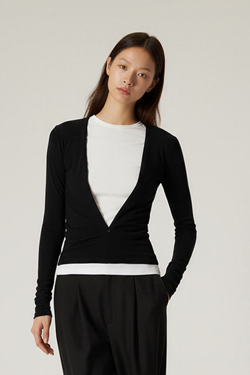 Women V-Neck Tencel-Wool Soft Stretch Relaxed-Fit Long-Sleeve Knit Top