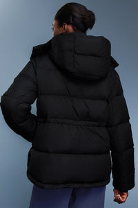 Women Quilted Waist-Cinching Hooded Down Jacket
