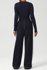 Women Color-Block Ribbed Lounge Set: Cropped Long-Sleeve Top + High-Waist Wide-Leg Pants