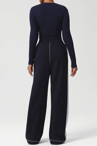 Women Color-Block Ribbed Lounge Set: Cropped Long-Sleeve Top + High-Waist Wide-Leg Pants