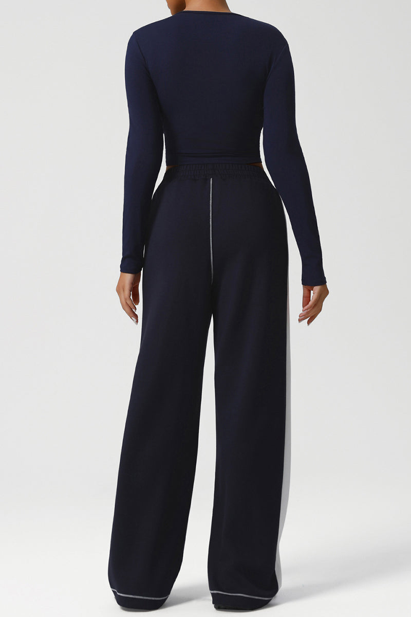 Women Color-Block Ribbed Lounge Set: Cropped Long-Sleeve Top + High-Waist Wide-Leg Pants