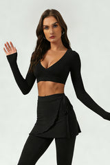 Women's Cross V-Neck Long Sleeve Side Tie Yoga Set - Solid