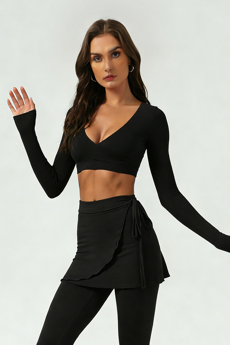 Women's Cross V-Neck Long Sleeve Side Tie Yoga Set - Solid