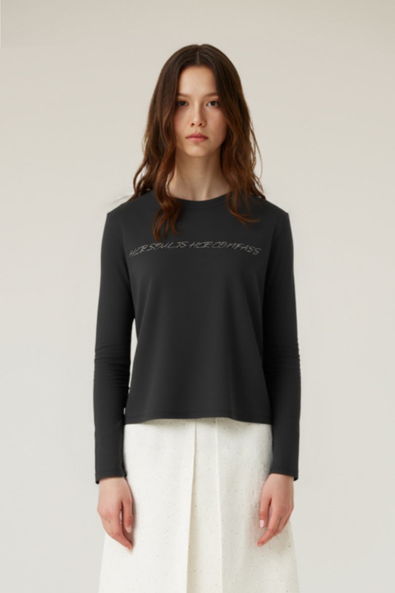 Women Round-Neck Modal-Blend Slim-Fit Printed Short Long-Sleeve Top