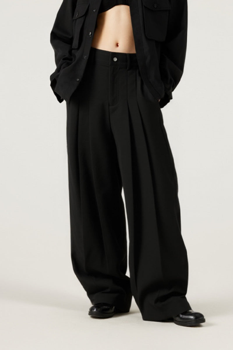 Women High-Waisted Wide-Leg Pleated Trousers - British Twill Cotton