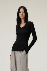 Women V-Neck Tencel-Wool Soft Stretch Relaxed-Fit Long-Sleeve T-Shirt