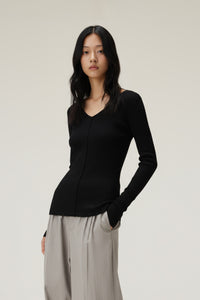Women V-Neck Tencel-Wool Soft Stretch Relaxed-Fit Long-Sleeve T-Shirt