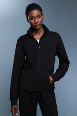 Women Waffle Knit Stand Collar Slim Fit Zip Up Athletic Jacket