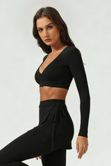 Women's Cross V-Neck Long Sleeve Side Tie Yoga Set - Solid