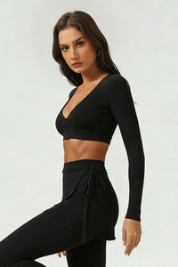 Women's Cross V-Neck Long Sleeve Side Tie Yoga Set - Solid