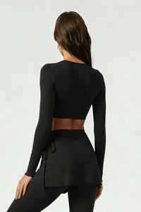 Women's Cross V-Neck Long Sleeve Side Tie Yoga Set - Solid