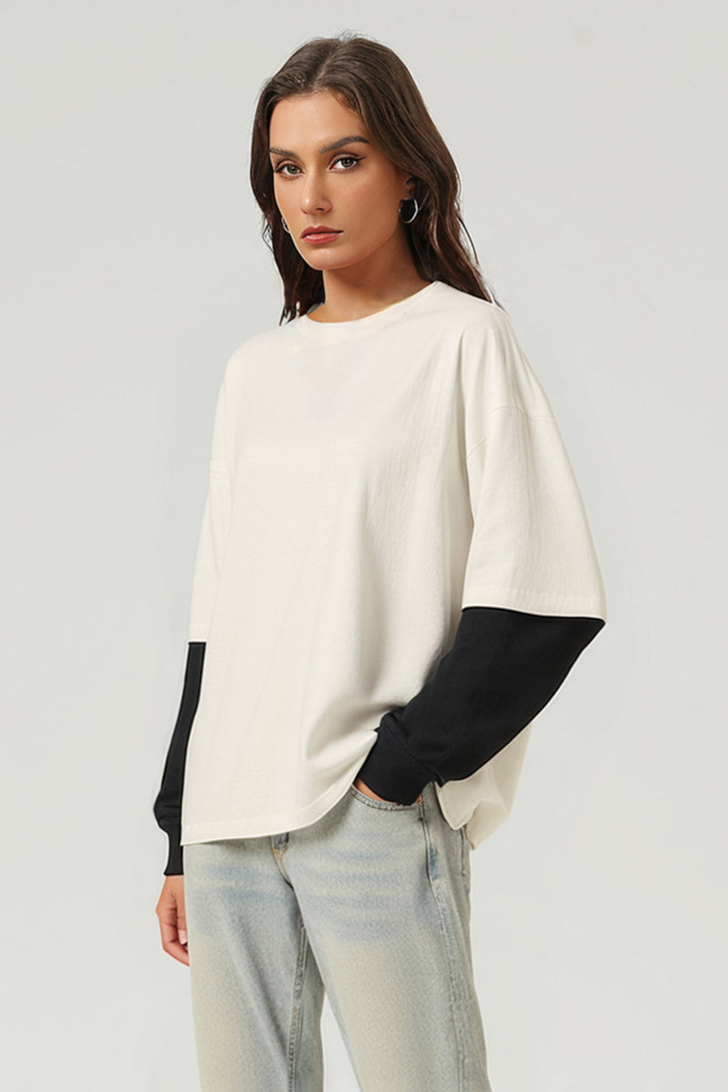 Unisex Boxy Mock Two-Tone Long Sleeve T-Shirt