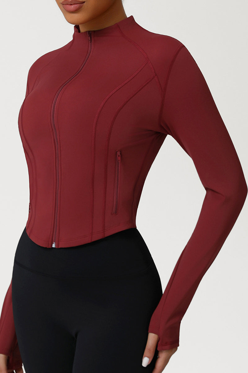 Women High-Neck Slim-Fit Zipper-Pocket Workout Yoga Jacket