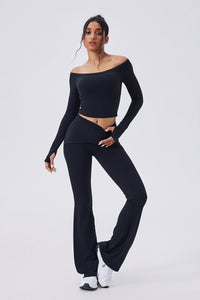 Women Off-Shoulder High-Waist Quick-Dry Yoga Set: Long Sleeve Top + Leggings