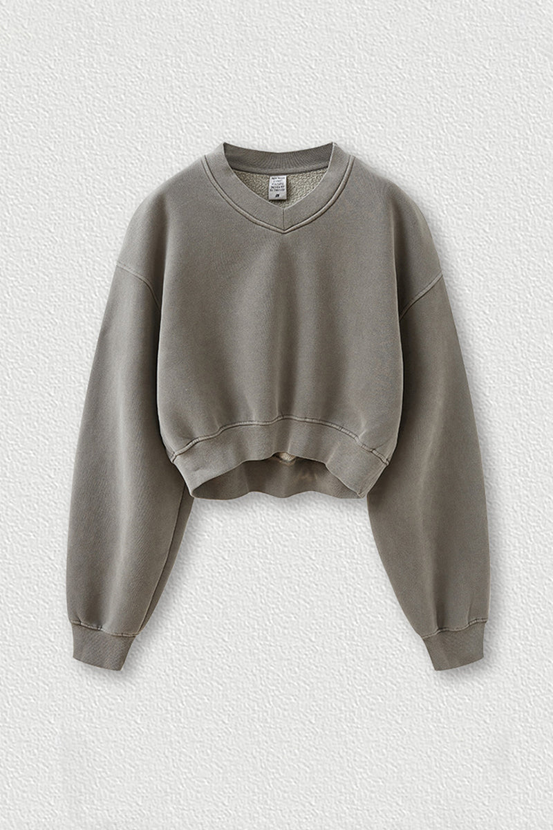 Women's washed velvet V-neck cropped sweatshirt