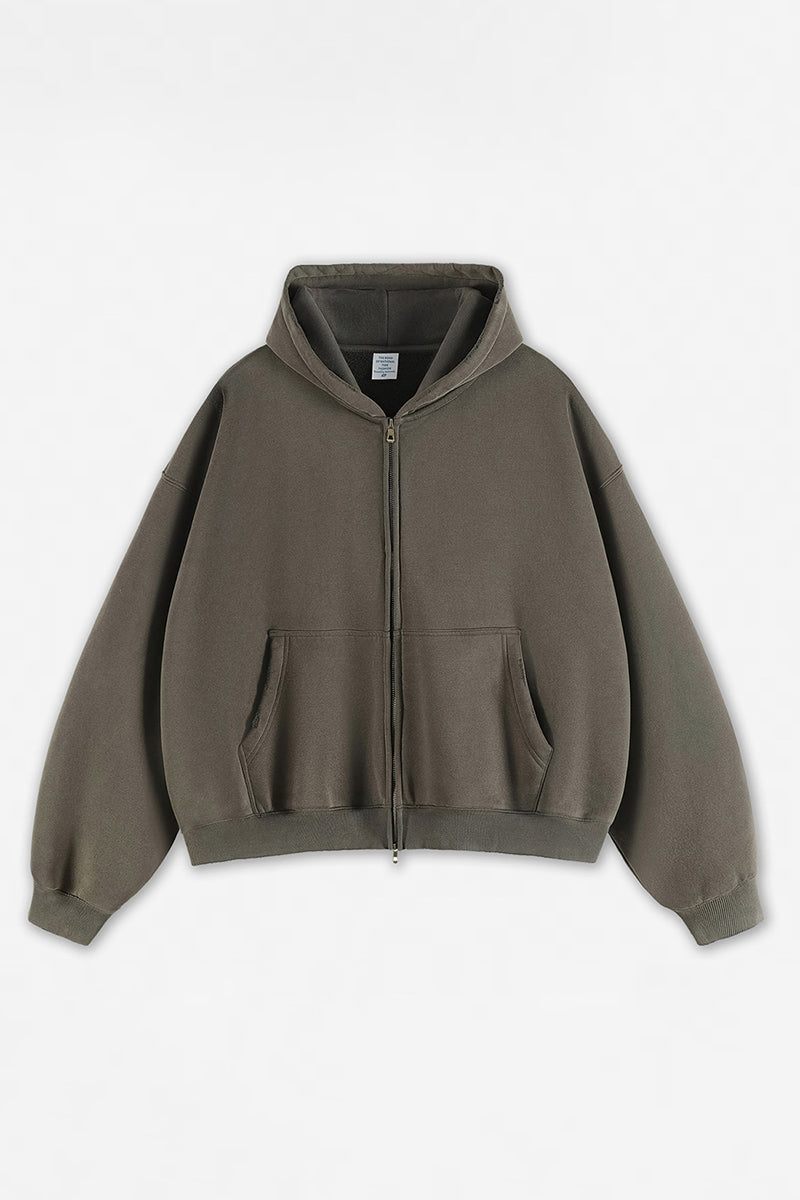 Unisex Boxy Heavyweight Washed Brushed Zip Hoodie