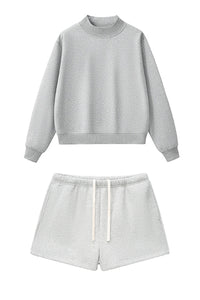 Women Loose Set:Mock Neck Sweatshirt + Shorts