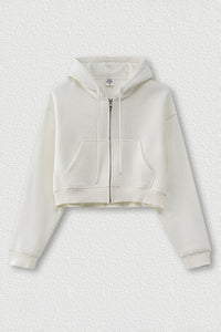 Loose cropped zip-up hooded jacket