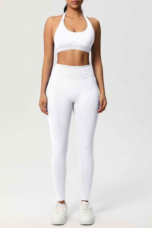 Women Seamless Knit Yoga Set: Halter Back Sports Bra + Sculpting Leggings