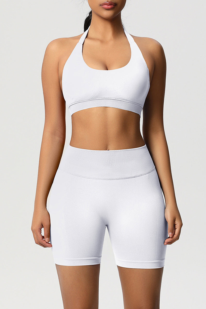 Women Halter Neck Yoga Set: High-Waisted Sculpting Shorts + Backless Sports Bra