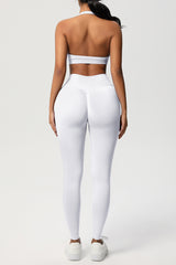 Women Seamless Knit Yoga Set: Halter Back Sports Bra + Sculpting Leggings