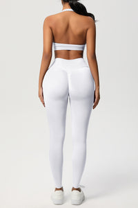 Women Seamless Knit Yoga Set: Halter Back Sports Bra + Sculpting Leggings