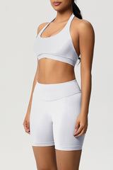 Women Halter Neck Yoga Set: High-Waisted Sculpting Shorts + Backless Sports Bra