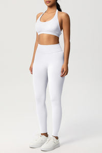 Women Seamless Knit Yoga Set: Halter Back Sports Bra + Sculpting Leggings