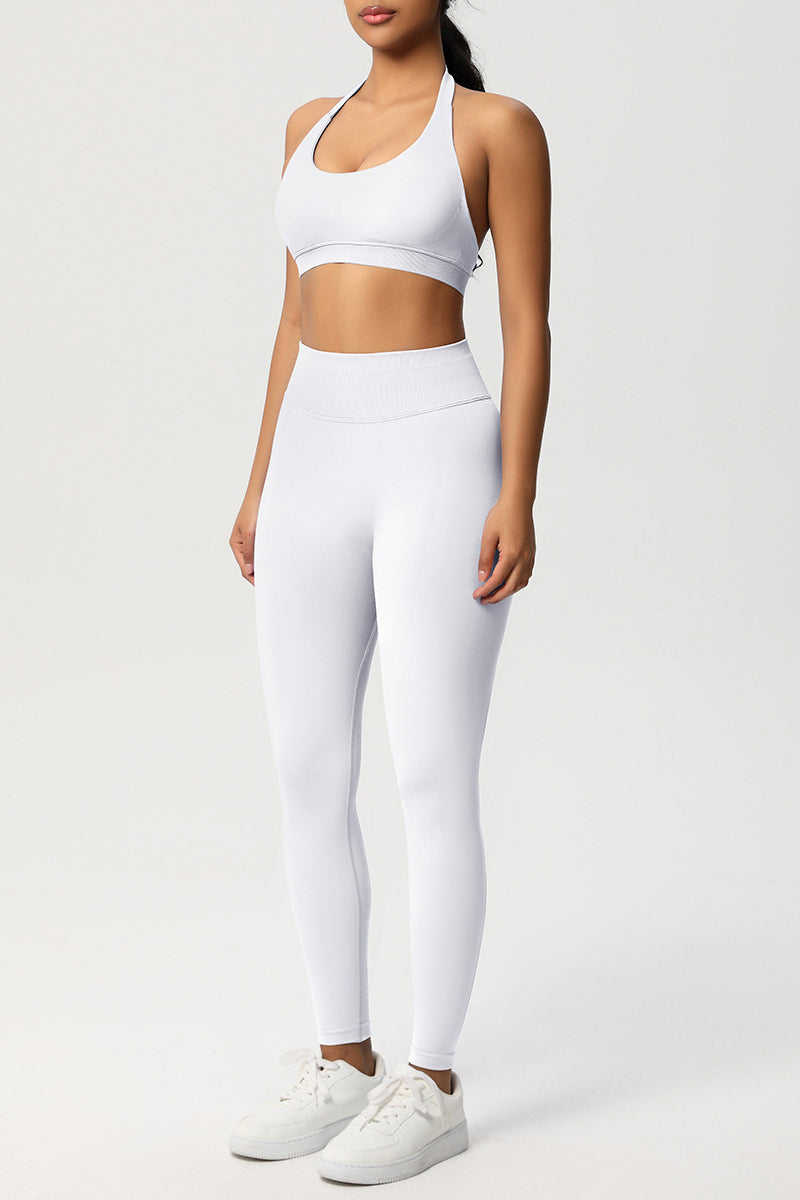 Women Seamless Knit Yoga Set: Halter Back Sports Bra + Sculpting Leggings