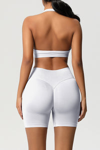 Women Halter Neck Yoga Set: High-Waisted Sculpting Shorts + Backless Sports Bra