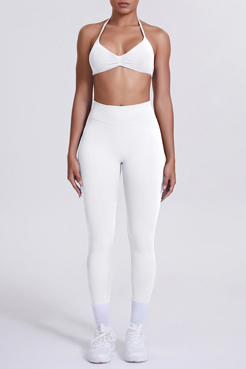 Women Seamless Yoga Set: High-Waisted Sculpting Leggings + Halter Neck Sports Bra