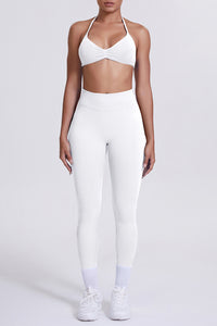 Women Seamless Yoga Set: High-Waisted Sculpting Leggings + Halter Neck Sports Bra