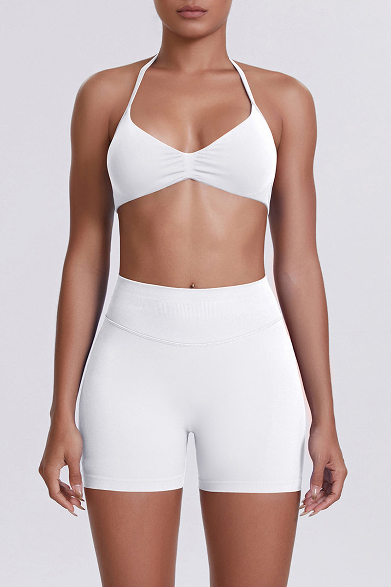 Women Halter Neck Yoga Set: High-Waisted Sculpting Shorts + Backless Sports Bra