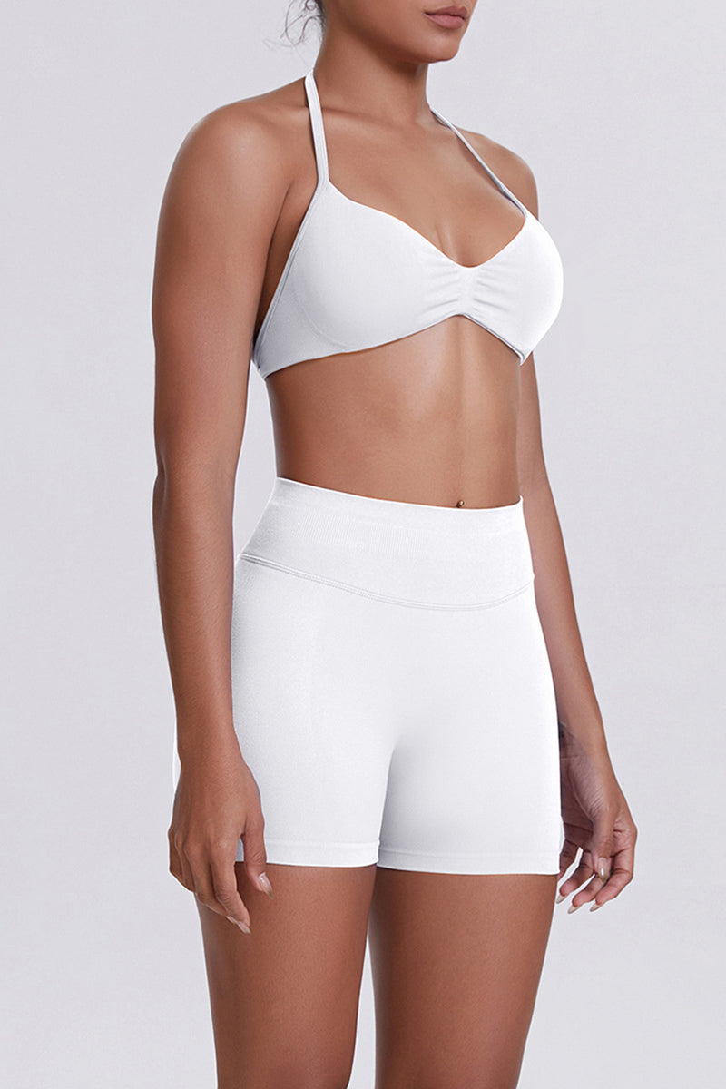 Women Halter Neck Yoga Set: High-Waisted Sculpting Shorts + Backless Sports Bra