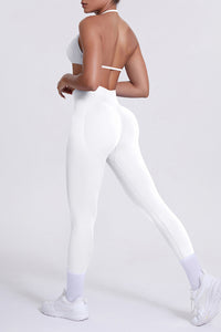 Women Seamless Yoga Set: High-Waisted Sculpting Leggings + Halter Neck Sports Bra