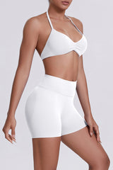 Women Halter Neck Yoga Set: High-Waisted Sculpting Shorts + Backless Sports Bra
