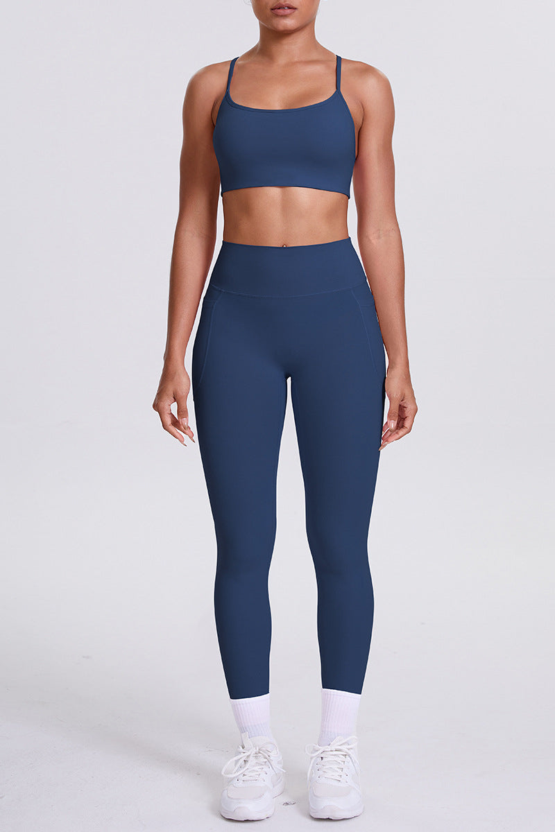 Women High-Waisted Pocket Yoga Set: Seamless Sports Bra + Sculpting Leggings