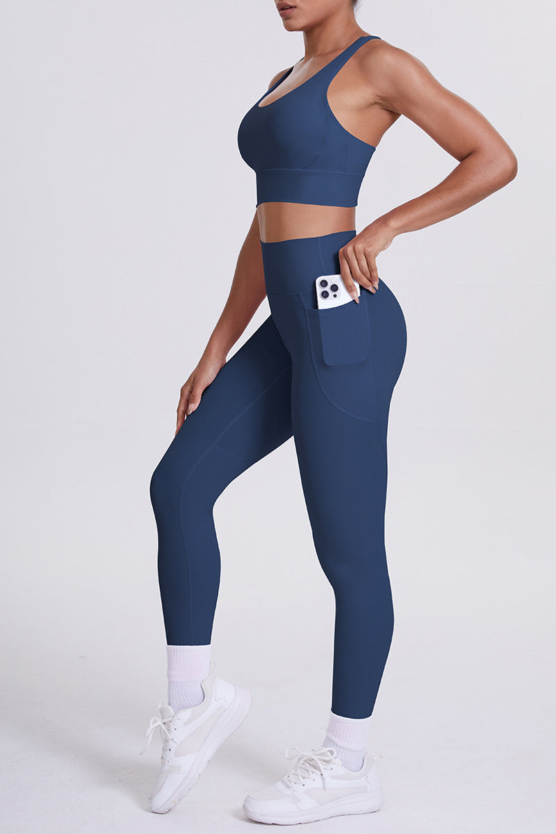 Women Cross-Back Yoga Set: High-Waisted Sculpting Leggings with Pocket + Cloud-Touch Sports Bra