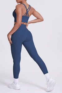 Women Cross-Back Yoga Set: High-Waisted Sculpting Leggings with Pocket + Cloud-Touch Sports Bra